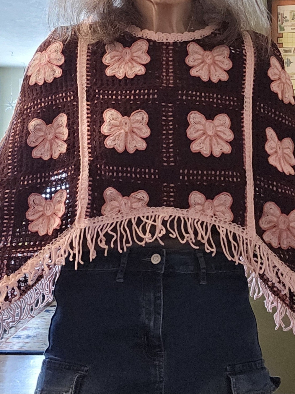 Pink and Brown Floral Crochet Fringe Capelet Sweater NWT